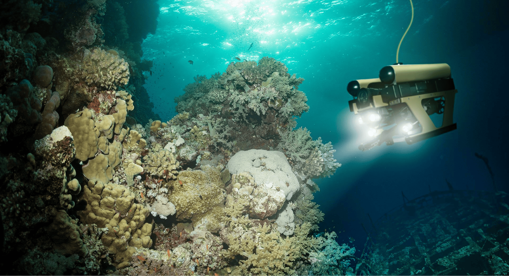 A submarine underwater looking at rocks